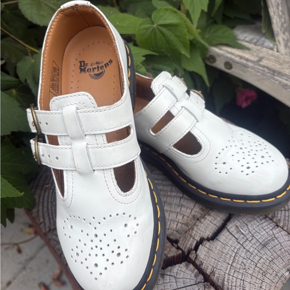 Dr. Martens Shoes - Dr. Martens White Leather Flats with Perforated Design